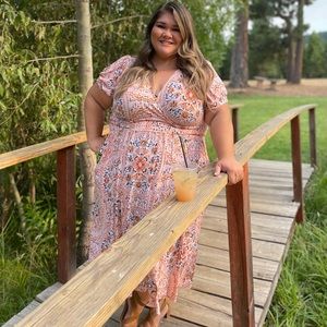 PEACH KNIT PUFF SLEEVE SKATER MIDI DRESS